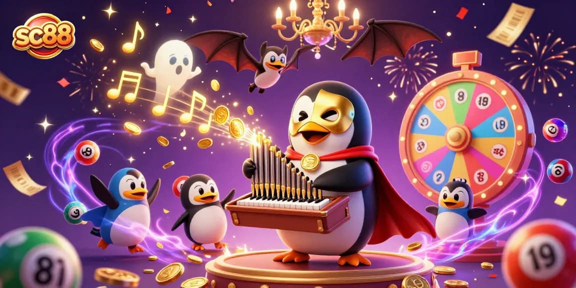 Experience the excitement of sc88 with vibrant lottery balls and a whimsical penguin playing for jackpots.
