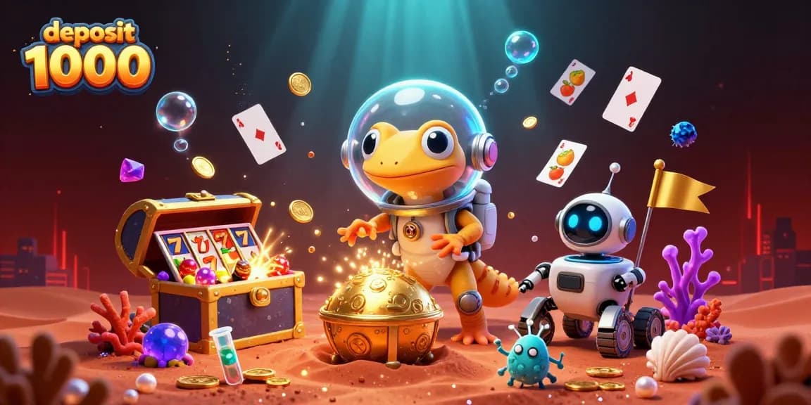 Spin and win with deposit 1000 at this vibrant cartoon casino scene featuring Martian characters.