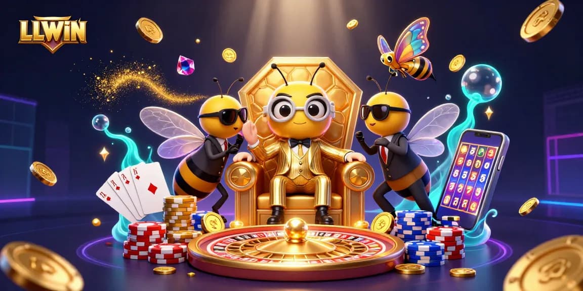 LLWIN's vibrant casino atmosphere features a playful bumblebee mob boss amidst sparkling games and treasures.