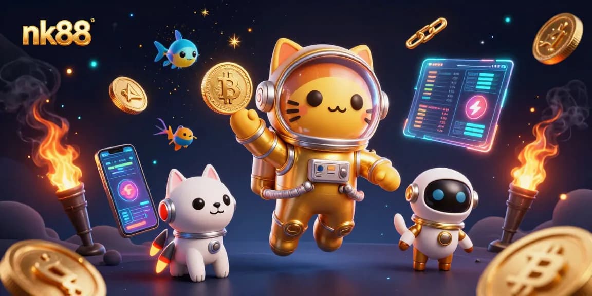 Engage with nk88 in a vibrant 3D casino scene featuring astronaut cat and robot dog.