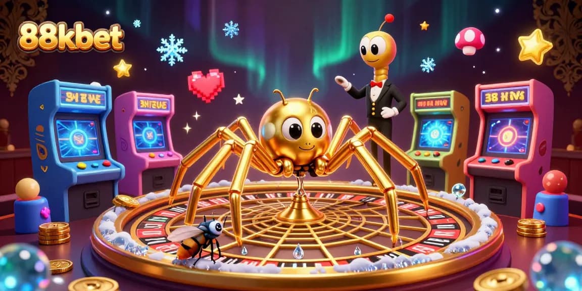 88kbet promotes exciting gaming with a golden spider spinning a roulette web surrounded by vibrant casino elements.
