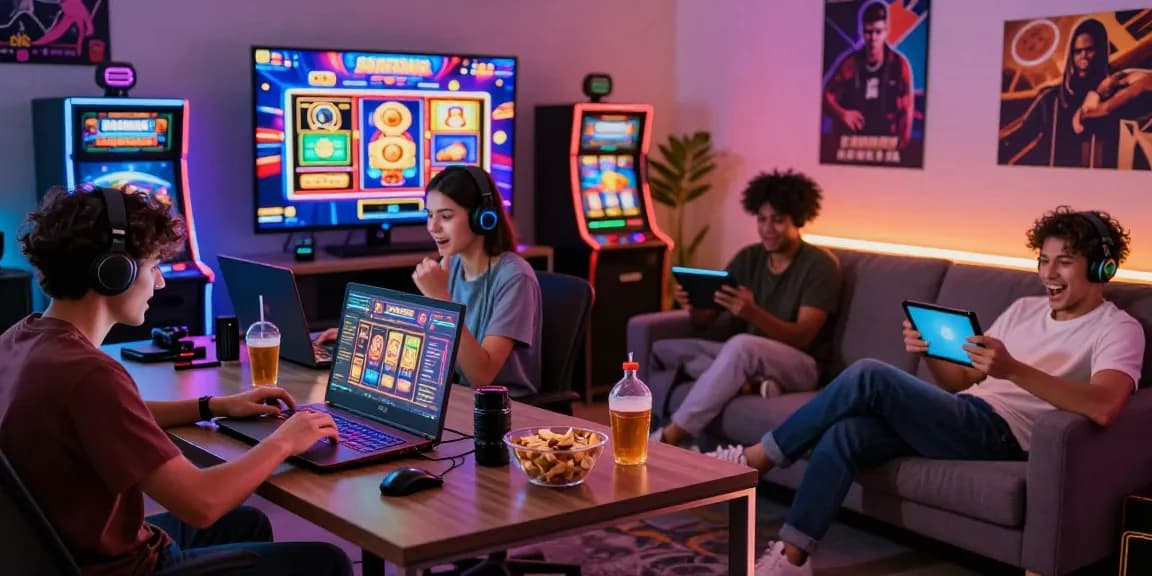 Diverse players enjoying judi slot online on various devices in a vibrant gaming setup, embodying excitement and engagement.