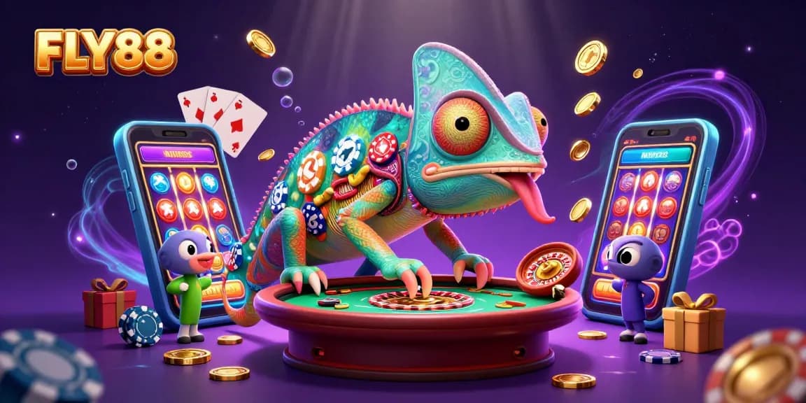 FLY88 chameleon casino owner capturing golden coins in a vibrant 3D gambling scene.