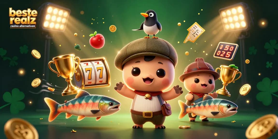 Erleben Sie die besten Realz Casino Alternativen mit dieser lebendigen Illustration von Spielautomaten und einer charakteristischen Szenerie.