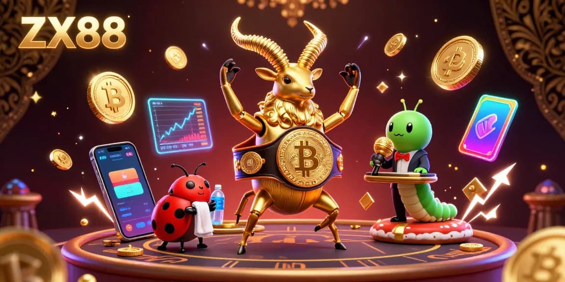 Engage in thrilling gaming at ZX88, featuring a unique boxing beetle champion amid vibrant crypto casino elements.