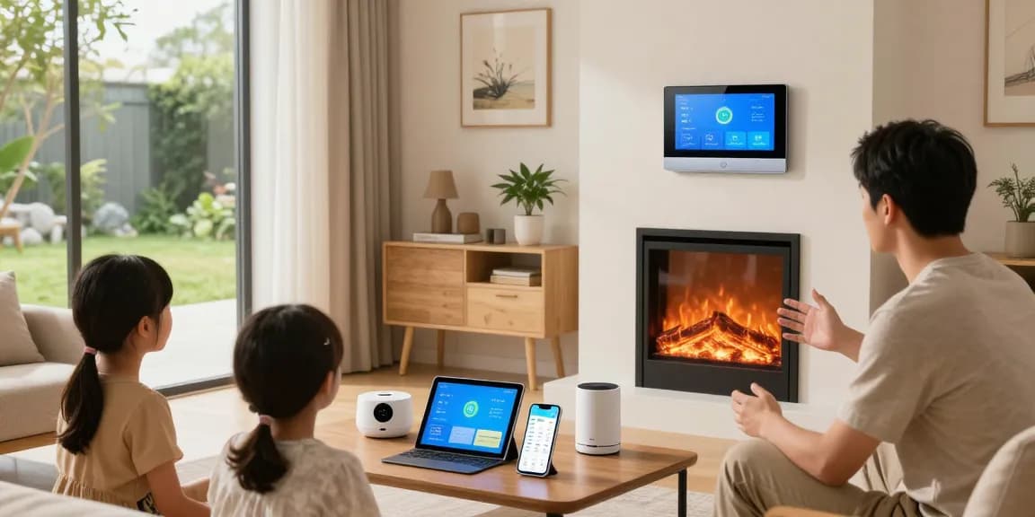 A family engages with their smart thermostat in a modern living room, showcasing energy-efficient technology and home automation.