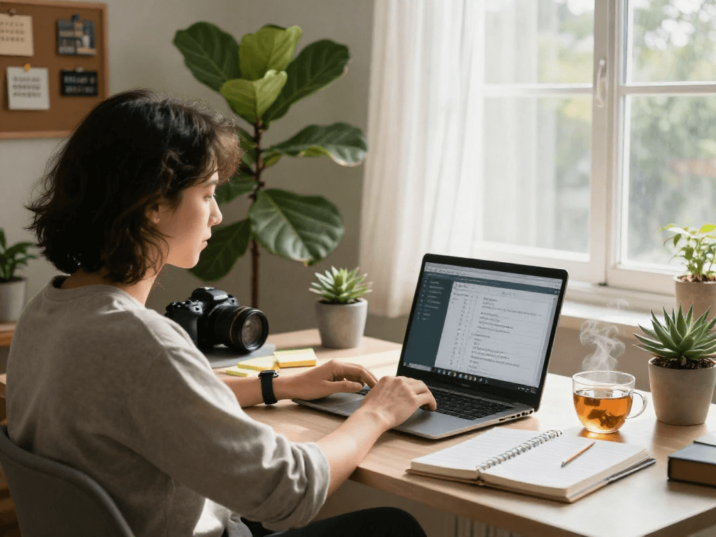 Motchill in a cozy home office setting, featuring a person on a video call surrounded by productivity tools and plants.