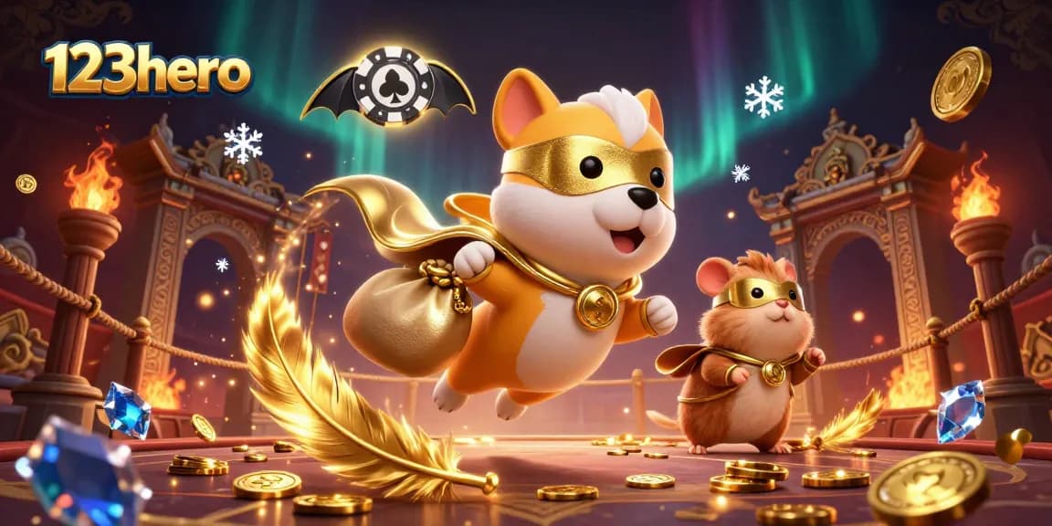 Engage with 123hero as the superhero dog flies through a vibrant casino-themed world, capturing excitement.