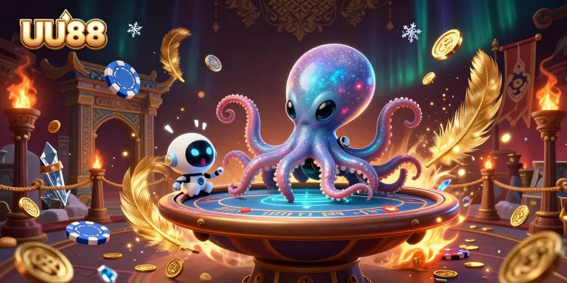 UU88 alien octopus engaging at a holographic poker table with excitement and swirling casino elements.