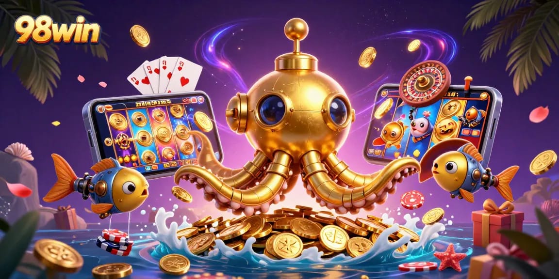 Play and win with 98win's exciting casino games surrounded by golden kraken and treasure.