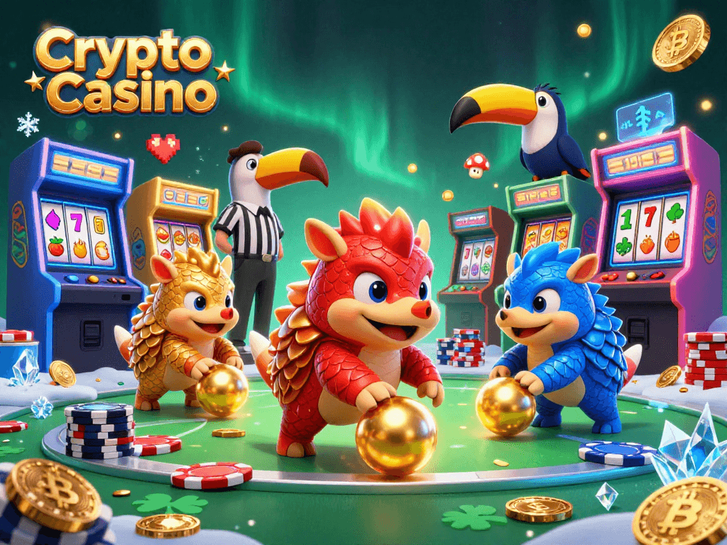 Experience thrilling action at Crypto Casino with rival pangolins competing among golden balls and poker chips.