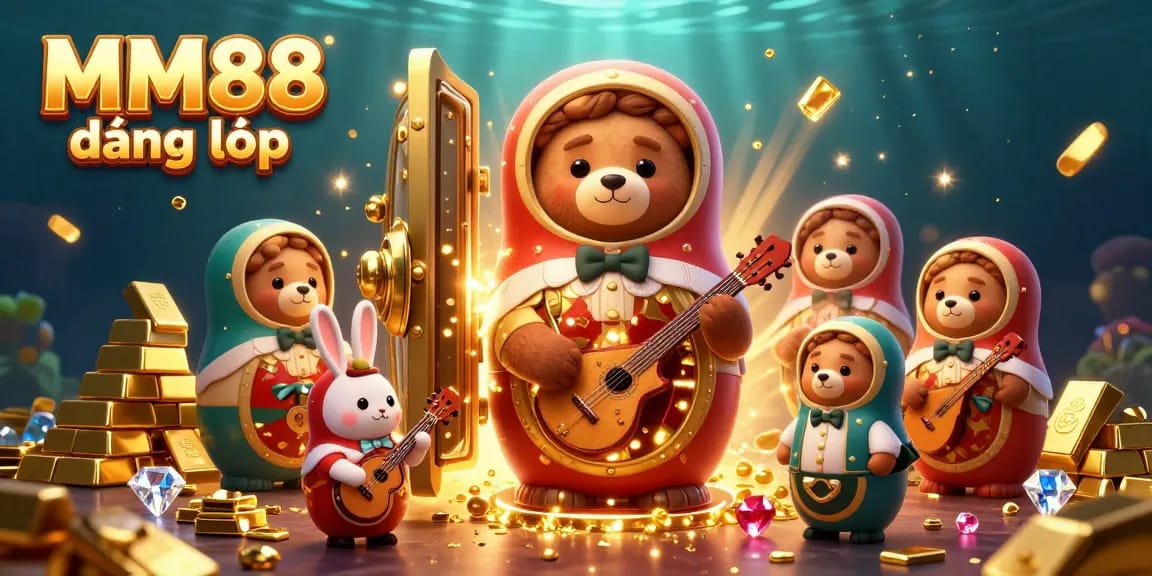 Engage with MM88 đăng nhập in a vibrant 3D cartoon casino scene featuring Russian Matryoshka bears.
