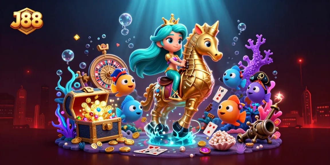 Experience thrilling gameplay at J88 with vibrant 3D characters and casino elements in an underwater scene.