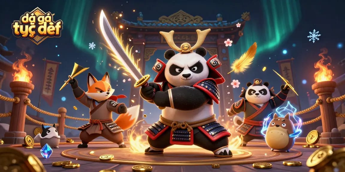 Watch the thrilling đá gà trực tiếp action unfold with a dynamic showdown scene, featuring a fierce samurai panda.