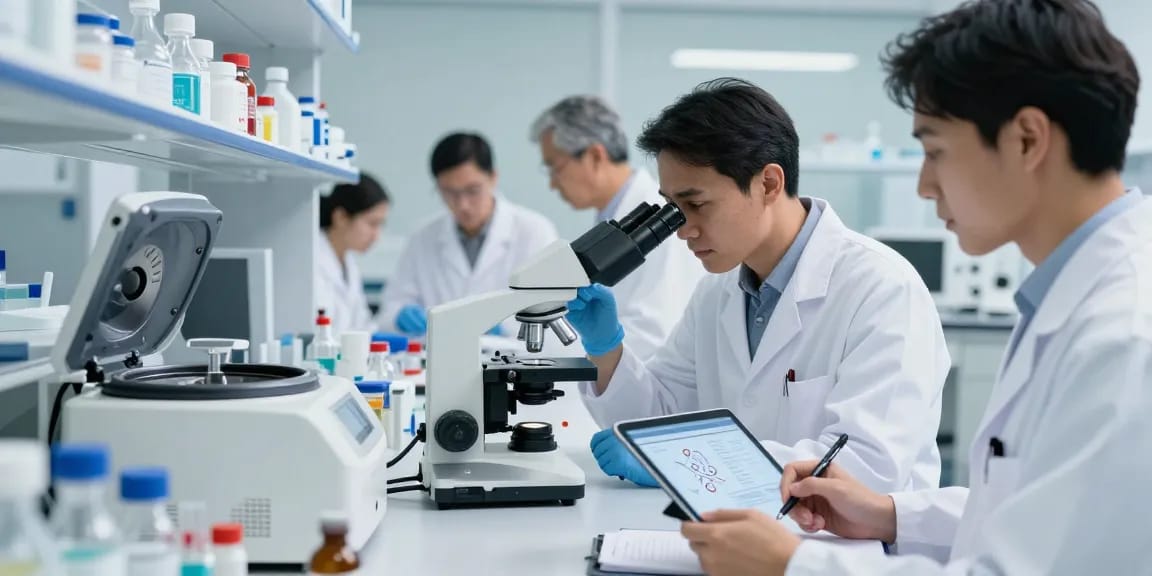 GHK Cu peptide research in a modern lab, scientists analyzing samples with advanced equipment.