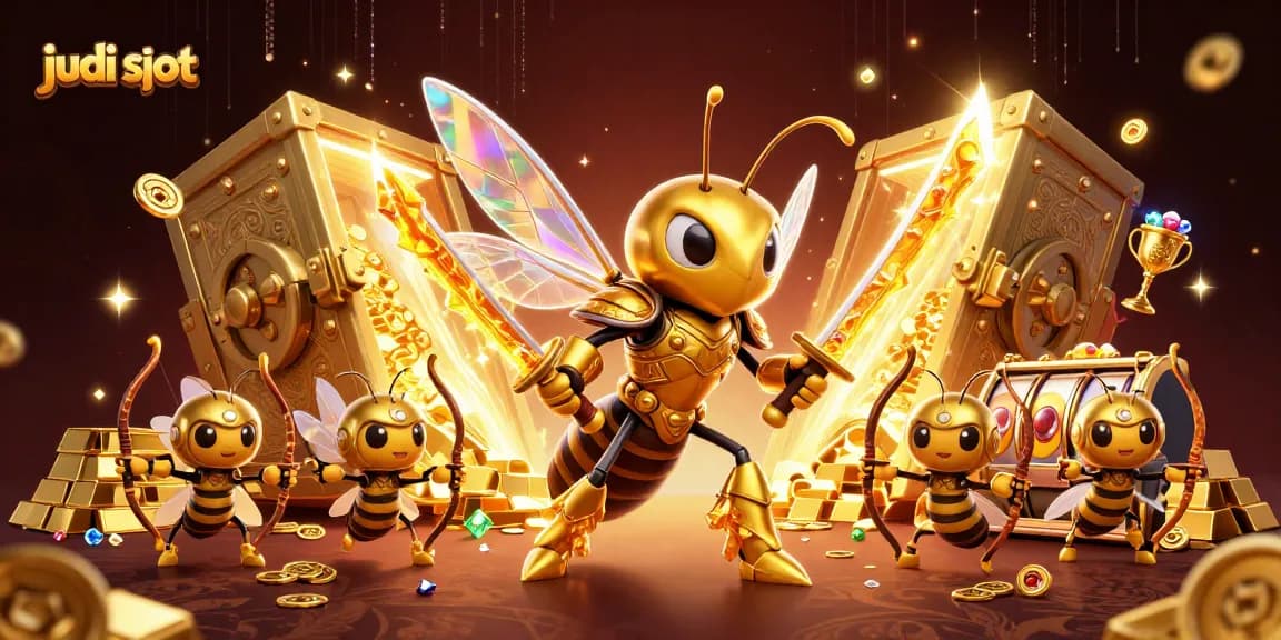 Play judi slot with a dynamic scene featuring a golden hornet in samurai armor amidst treasure and slots.