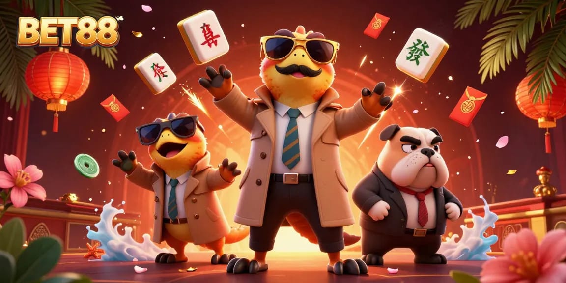 BET88 showcases three raptors in disguise entering a casino, surrounded by vibrant casino elements.