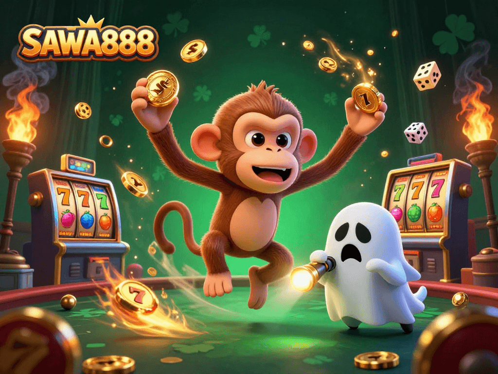 SAWA888 offers thrilling slot action with vibrant graphics from a haunted casino scene.