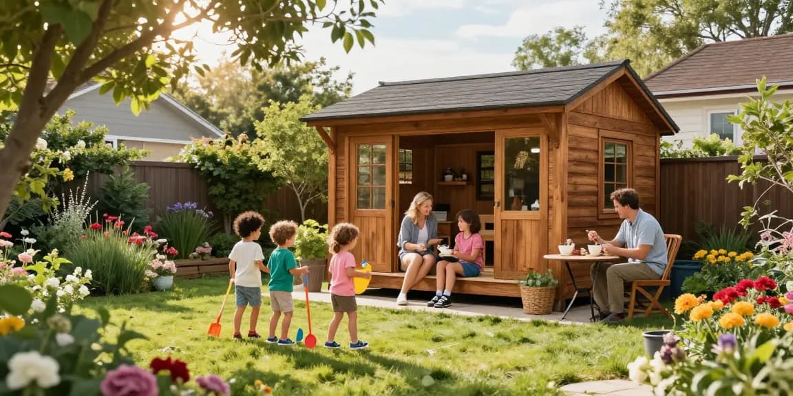 Familie genießt Zeit im Garten mit einem schönen Gartenhaus.