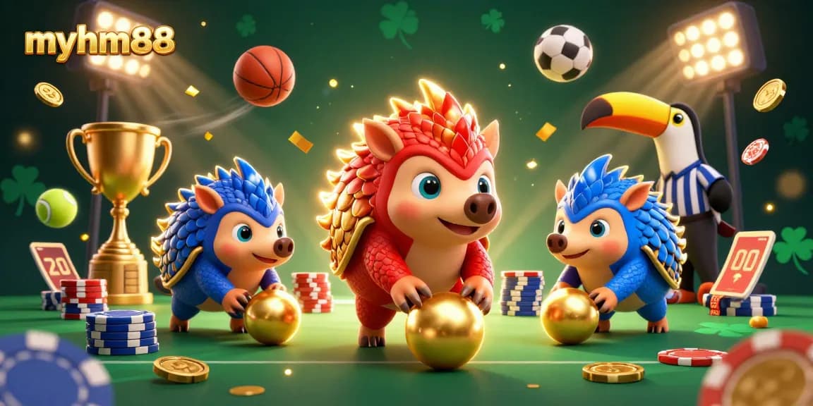 Bowling pangolins highlight myhm88's dynamic sports betting scene with confetti and golden trophies.