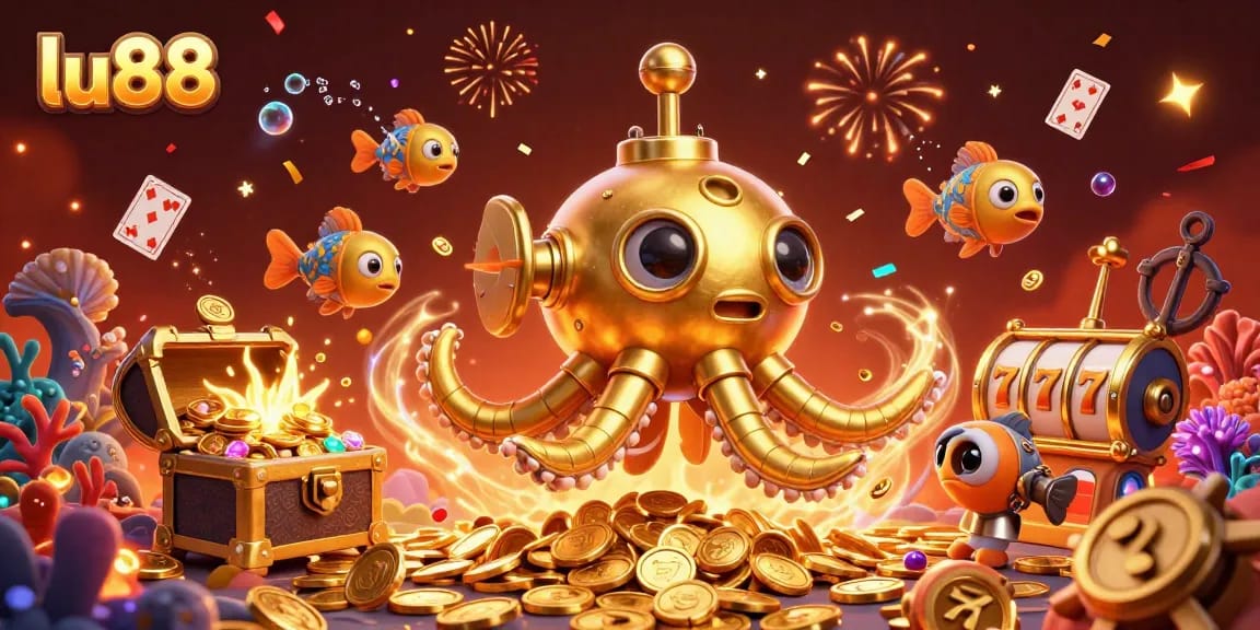 Win big at lu88 with an ultra-detailed casino-themed 3D illustration showcasing vibrant games and golden rewards.