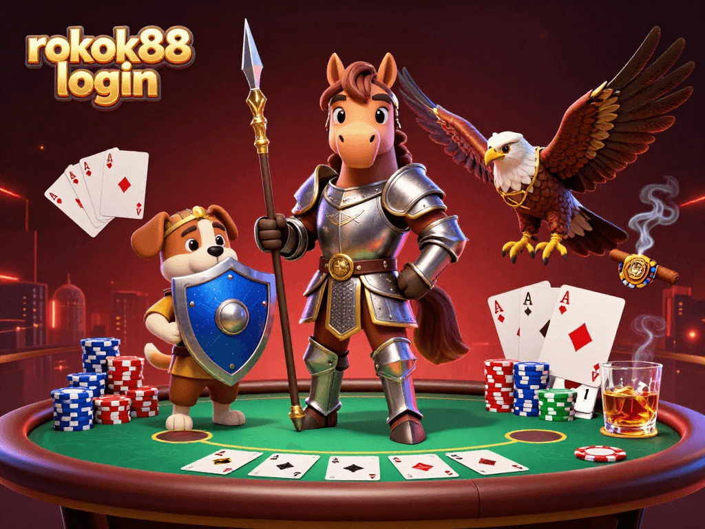 Experience the thrill of rokok88 login with a knight, squire, and falcon at a vibrant poker table.