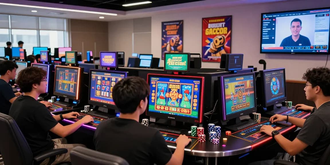 Excited players engaging in judi slot gacor at a modern online casino with vibrant graphics and dynamic atmosphere.