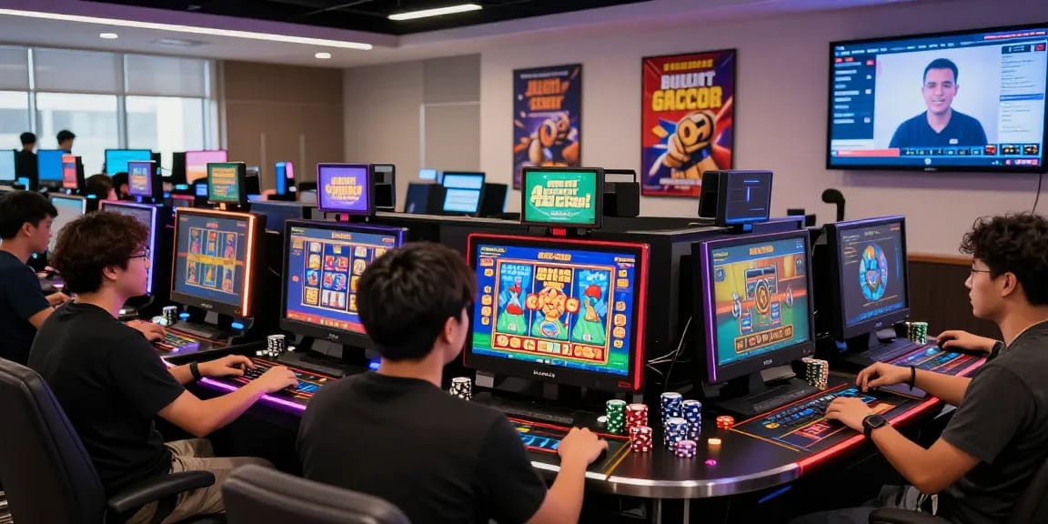 Excited players engaging in judi slot gacor at a modern online casino with vibrant graphics and dynamic atmosphere.