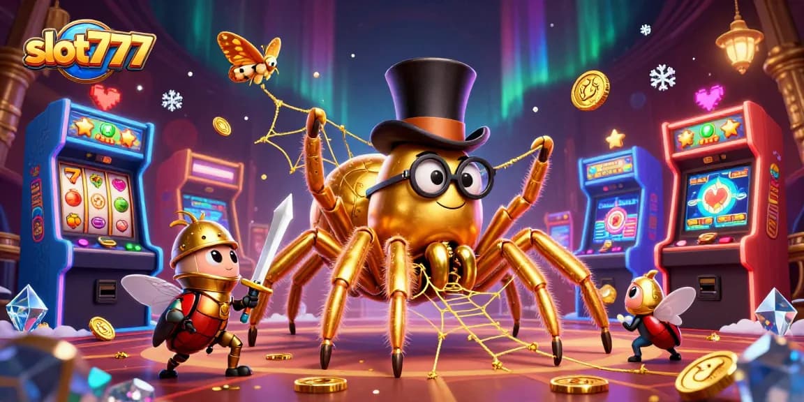 Slot777 menghadirkan tarantula emas dan ksatria kecil dalam suasana kasino yang megah.