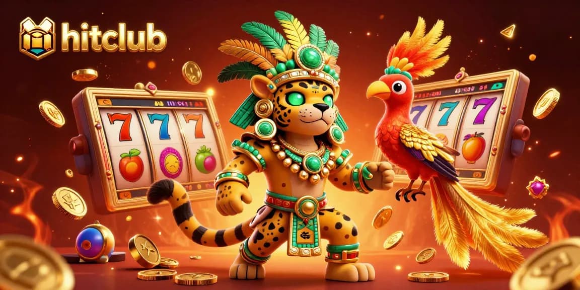 Spin the reels at Hitclub, featuring a Mayan jaguar priest and vibrant slot symbols in a rich casino scene.