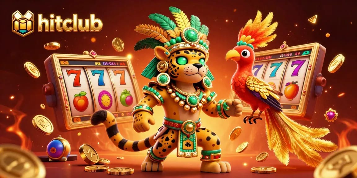 Spin the reels at Hitclub, featuring a Mayan jaguar priest and vibrant slot symbols in a rich casino scene.