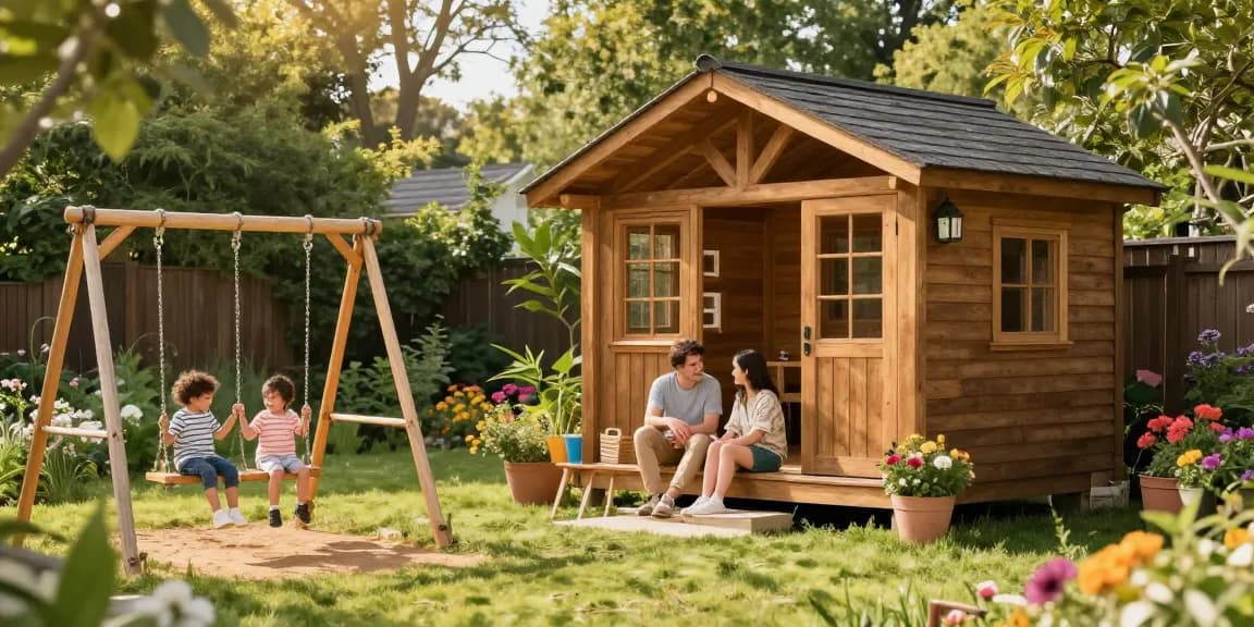 Familie genießt Zeit im Garten mit einem stabilen Gartenhaus Holz im Hintergrund.