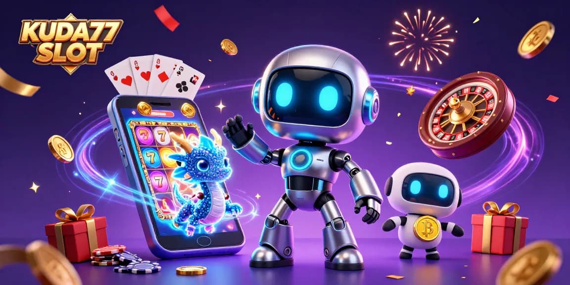 Berinteraksi dengan KUDA77 SLOT, robot cyberpunk dan drone, sambil merayakan kemenangan di dunia slot online.