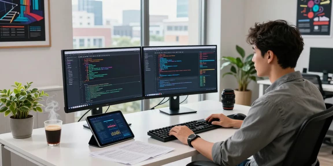 Motchill software developer in a modern workspace coding on dual monitors with coffee and plant.