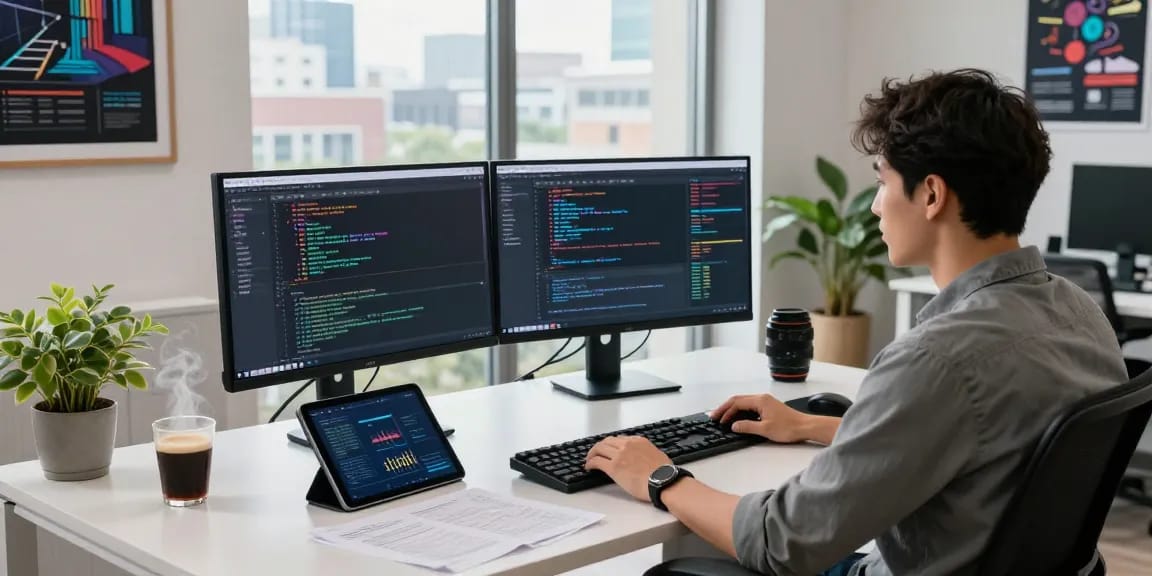 Motchill software developer in a modern workspace coding on dual monitors with coffee and plant.