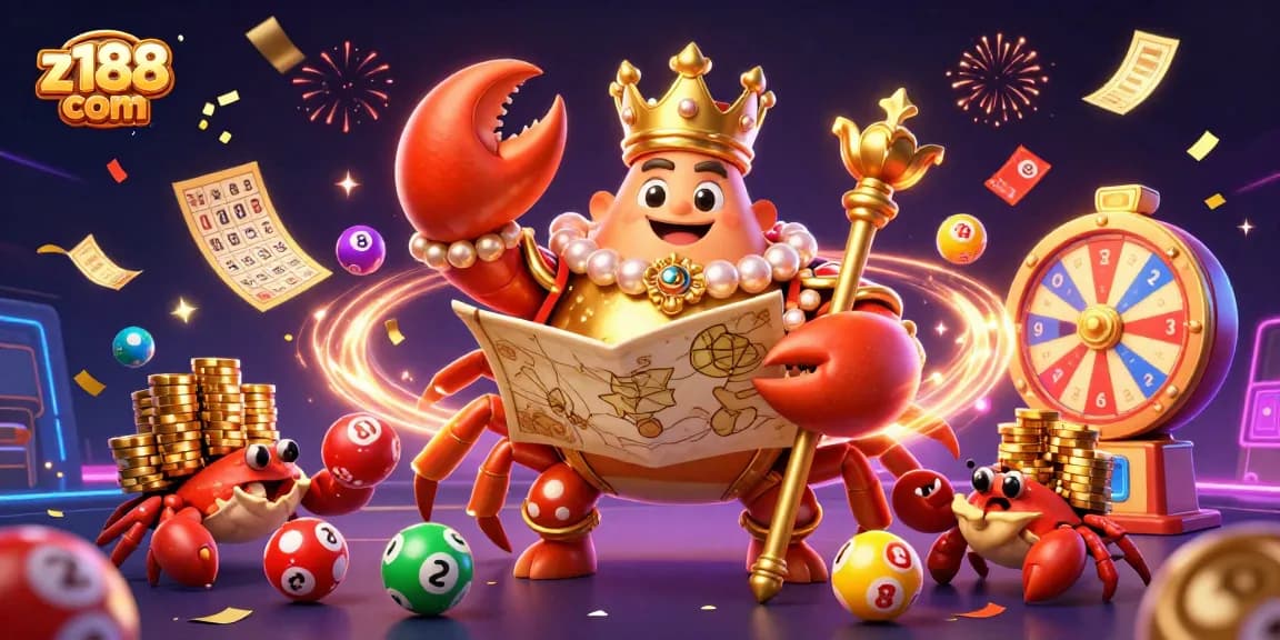Experience thrills at z188 com with a golden crab emperor leading a dynamic gambling celebration.