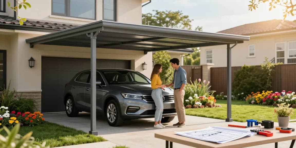 Moderne Carport-Lösung, die Schutz für Fahrzeuge bietet und unter einem sonnigen Himmel in einem schönen Garten steht.