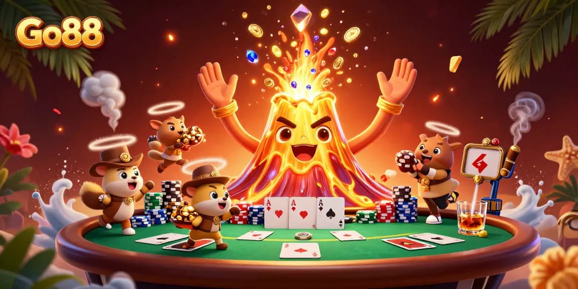 Engage with the excitement of Go88 as the golden volcano erupts with treasures, highlighting triumph.