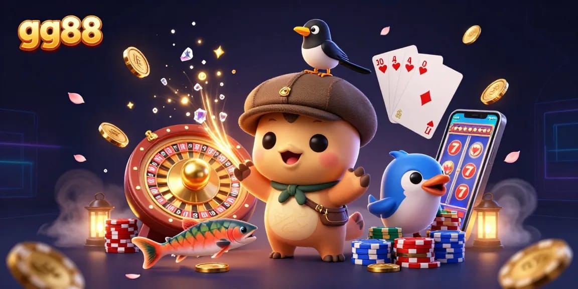 Experience the excitement of gg88 with vibrant games and rewards unfolding in a dynamic, 3D illustrative scene.