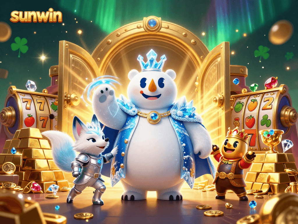 Join the fun with sunwin in a vibrant casino scene featuring a polar bear and a snow fox amidst treasures.