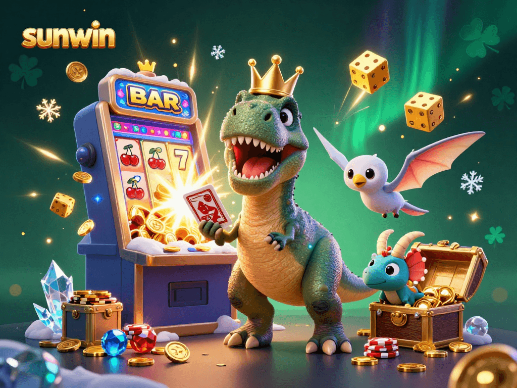 Win big with sunwin as a T-Rex shuffles cards beside a slot machine jackpot burst.