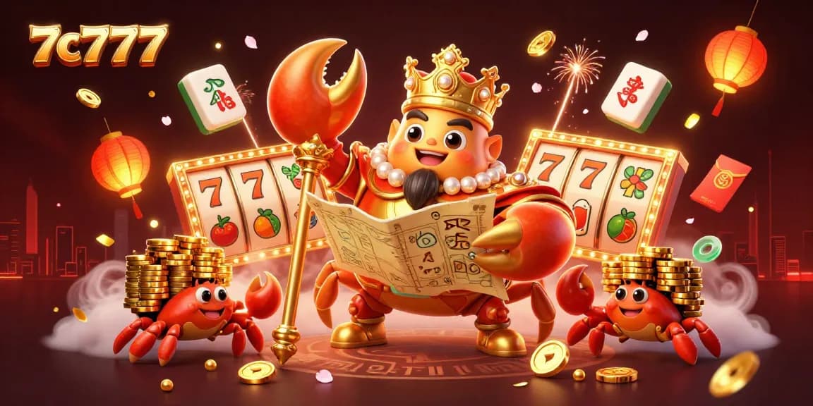 Experience the excitement of 7c777 with a golden crab emperor amid vibrant casino elements.
