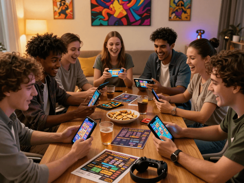 Group enjoying gacor online slot games in a cozy living room