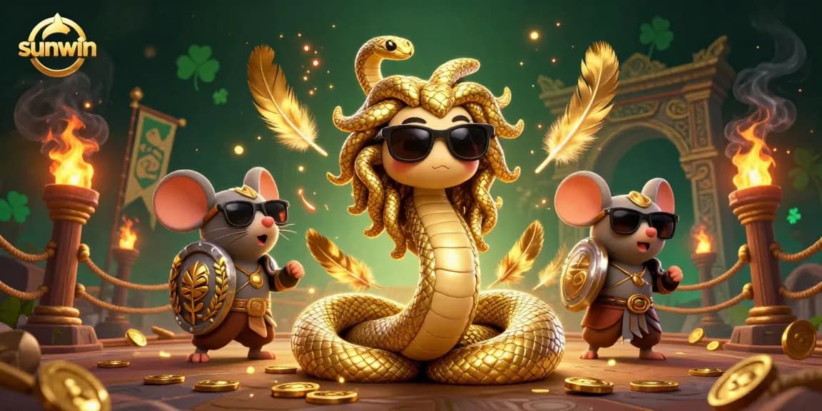 Engage in exciting games at sunwin, featuring a lively scene with Medusa, warrior mouse, and casino elements.