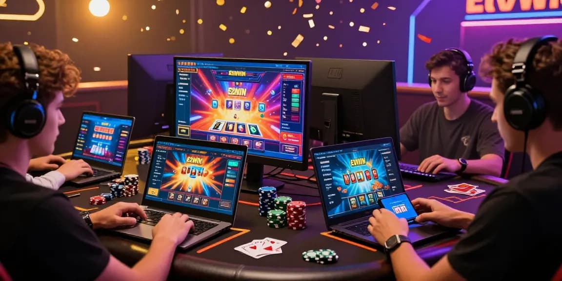 Trải nghiệm Game E2WIN với người chơi hứng khởi trong không gian casino trực tuyến đầy màu sắc.
