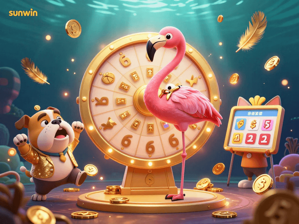 Engage with sunwin's exciting casino experience featuring a game show host flamingo and lively bulldog contestant.