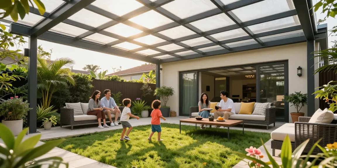 Freistehende Terrassenüberdachung in einem modernen Garten mit Familie und Kindern.