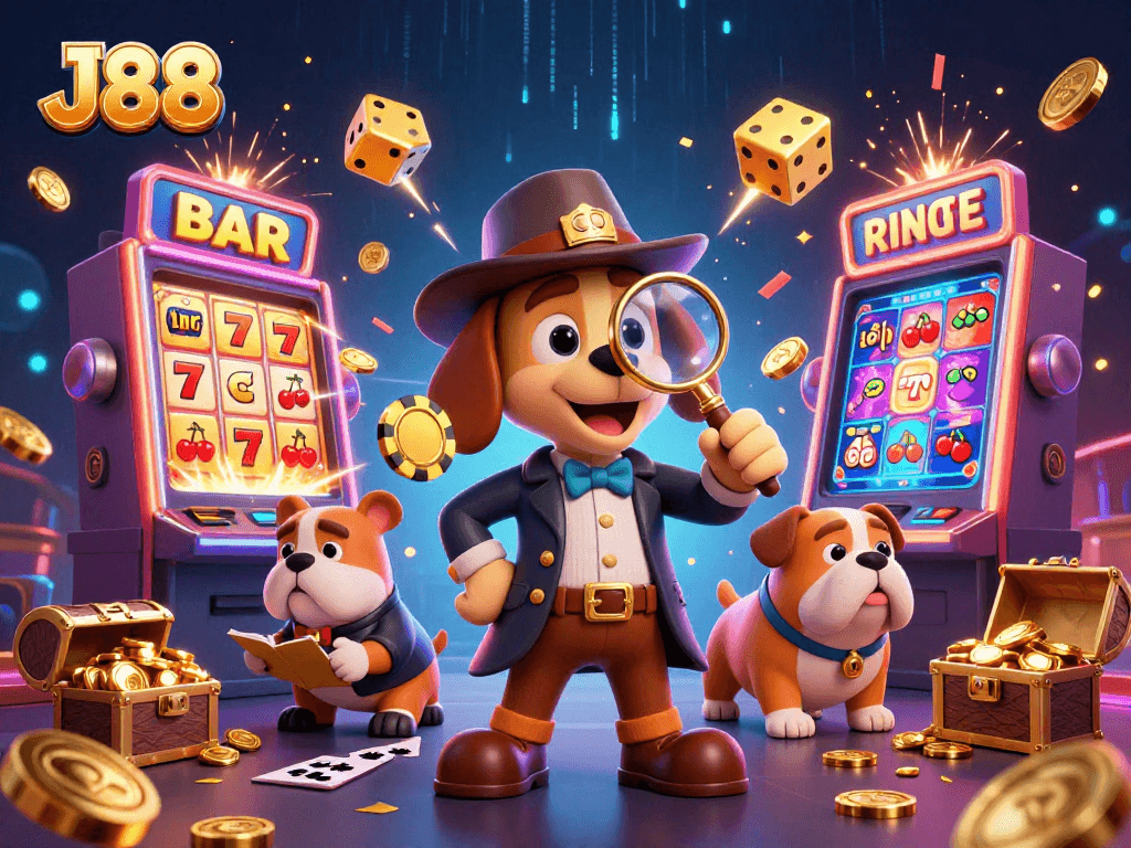 J88 players uncovering treasures with a detective and bulldog in an exciting casino scene.