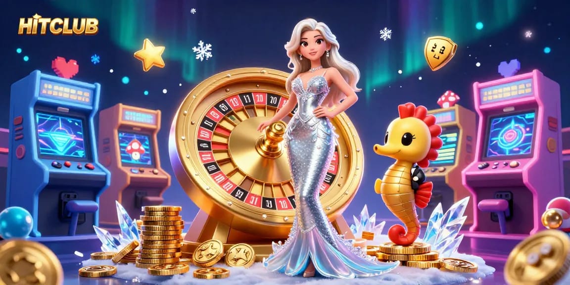 HITCLUB features a glamorous woman next to a golden roulette wheel, inviting players to join the excitement.