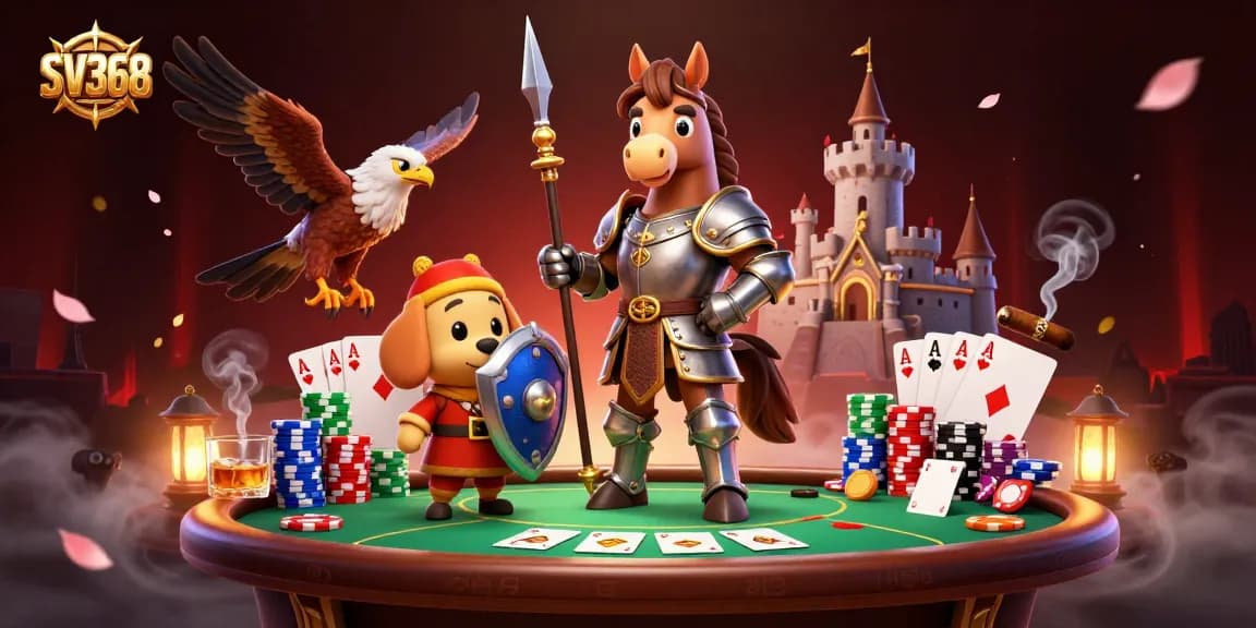 SV368 immersive illustration showcasing a medieval knight and friends at a vibrant poker table.